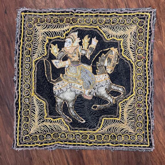 Other Other - Antique Burmese Kalaga Embroidered Hand Sewn Horse Tapestry Flawed